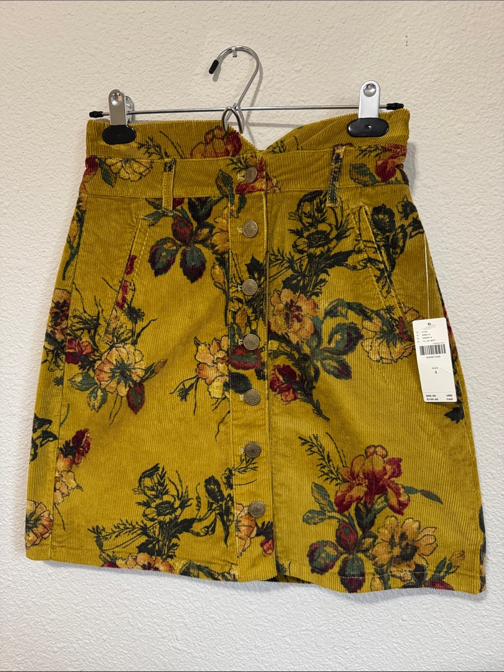 PILCRO Floral Corduroy Button-Front Skirt in Mustard